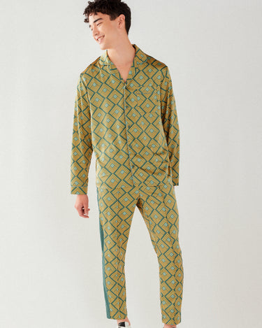 Men's Multi Retro Geo Satin Button Up Long Pyjama Set